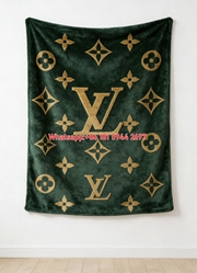 Green LV Monogram Flannel Blanket Gold LV Embossed Throw 053